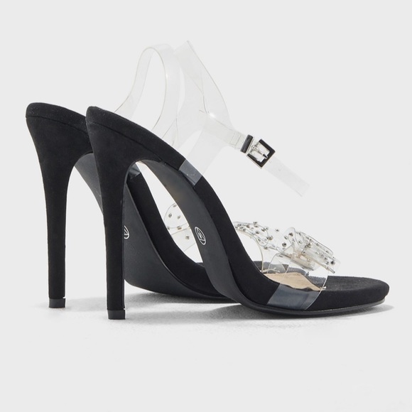 Missguided clear Perspex bow rhinestone ankle strap sandals heels black suede - Picture 10 of 10